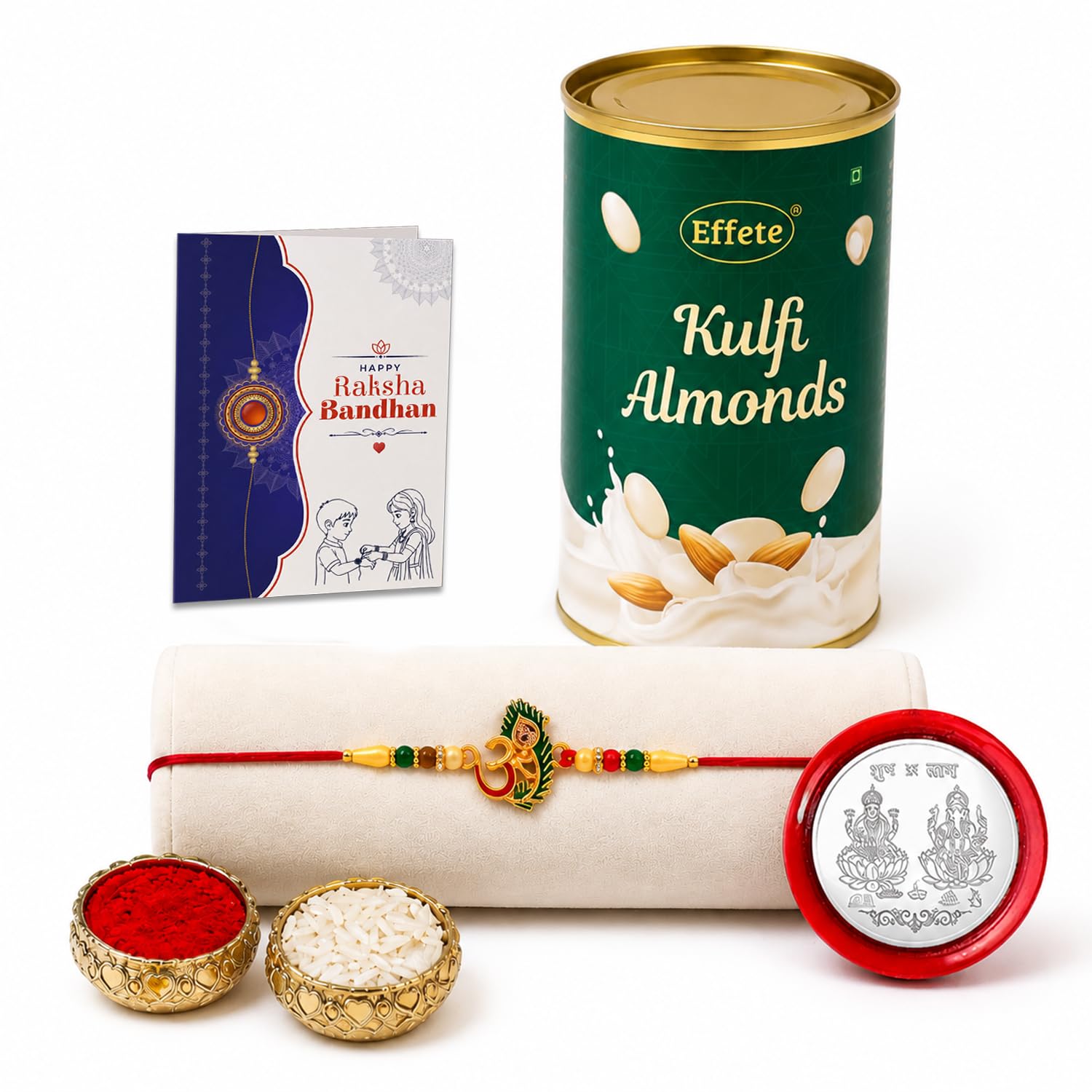 OM Multicolor Rakhi – Kulfi Almonds Raksha Bandhan Gift Combo Gift Set (Pack of 5)