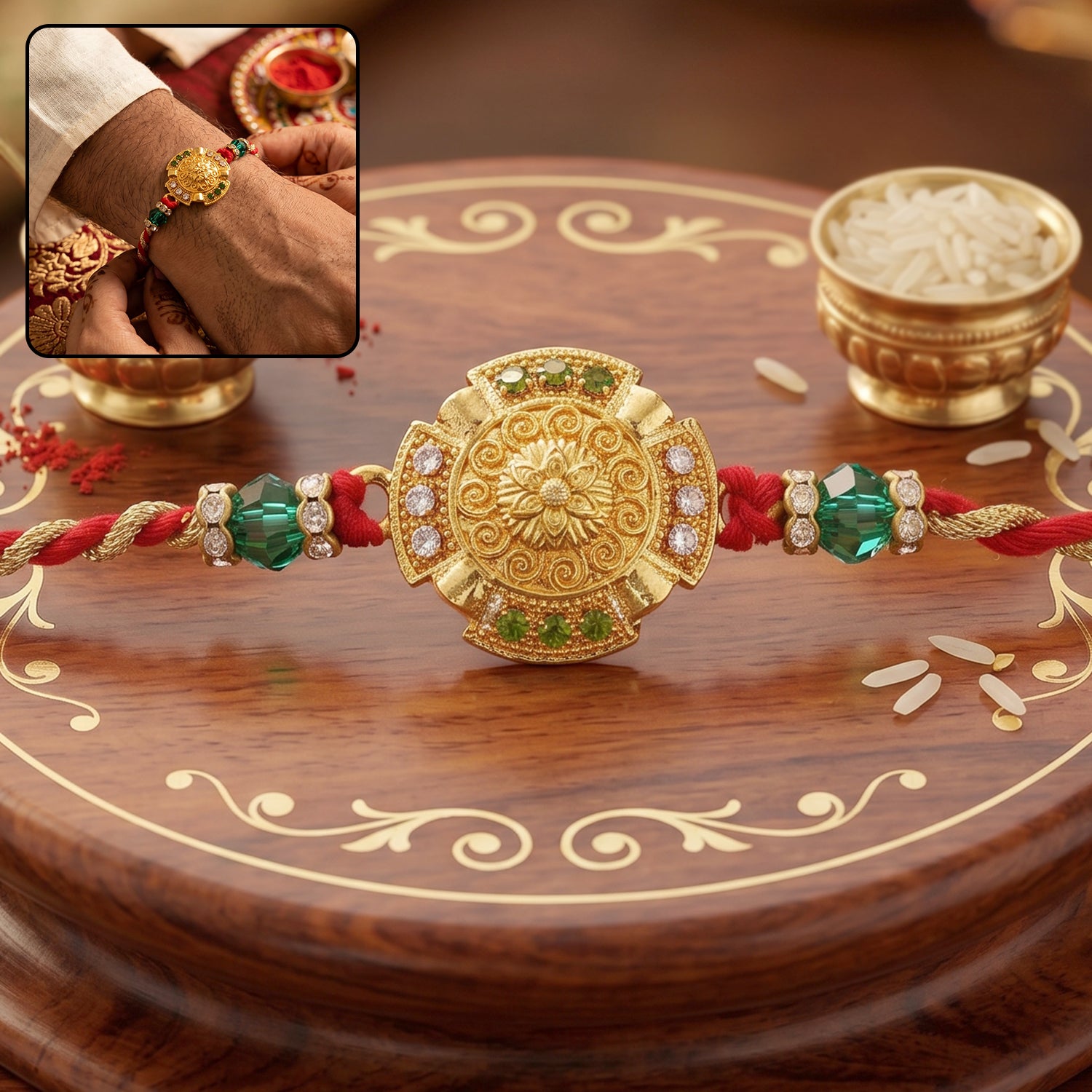 Traditional Gold Floral Coin Rakhi with Green Stone Beads