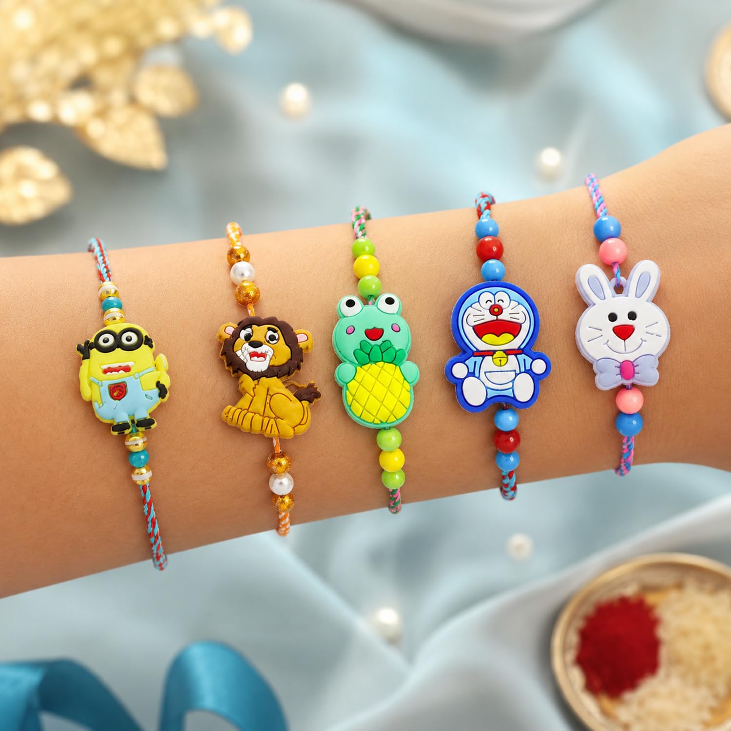 Trendy Charming Rakhi for Brother with Roli Tikka, Pooja Coin & Card, Pack of 8