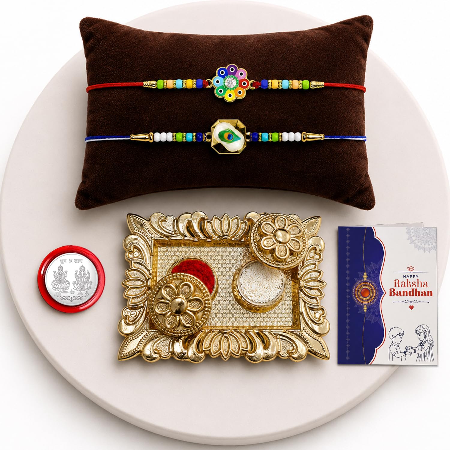 Flower, Peacock Rakhi Combo - Raksha Bandhan Gift with Rectangular Pooja Thali, Pack of 6