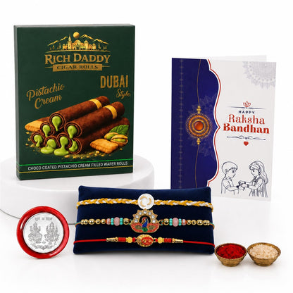 Peacock, Om Multicolor Rakhi – Pistachio Cream Wafer Roll Gift Combo (Pack of 7) For Raksha Bandhan