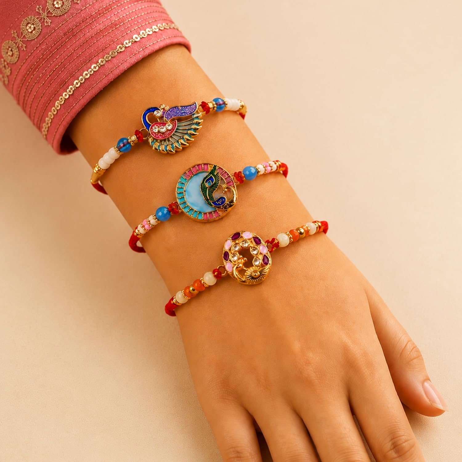 Designer Stylish Multicolor Peacock Rakhi for Brother with Roli Tikka | Pack of 6