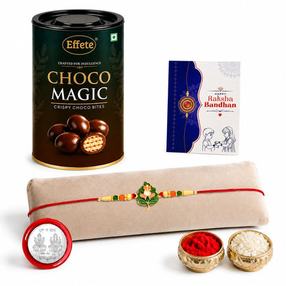 Leaf Rakhi for Brother with Chocolate Magic 96gm, Roli Tikka & Card, Pack of 5