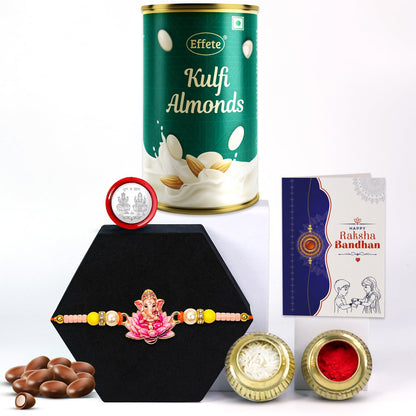 Designer Rakhi for Brother with Kulfi Almonds 96gm, Coin & Card - Pack of 5