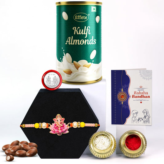 Designer Rakhi for Brother with Kulfi Almonds 96gm, Coin & Card - Pack of 5