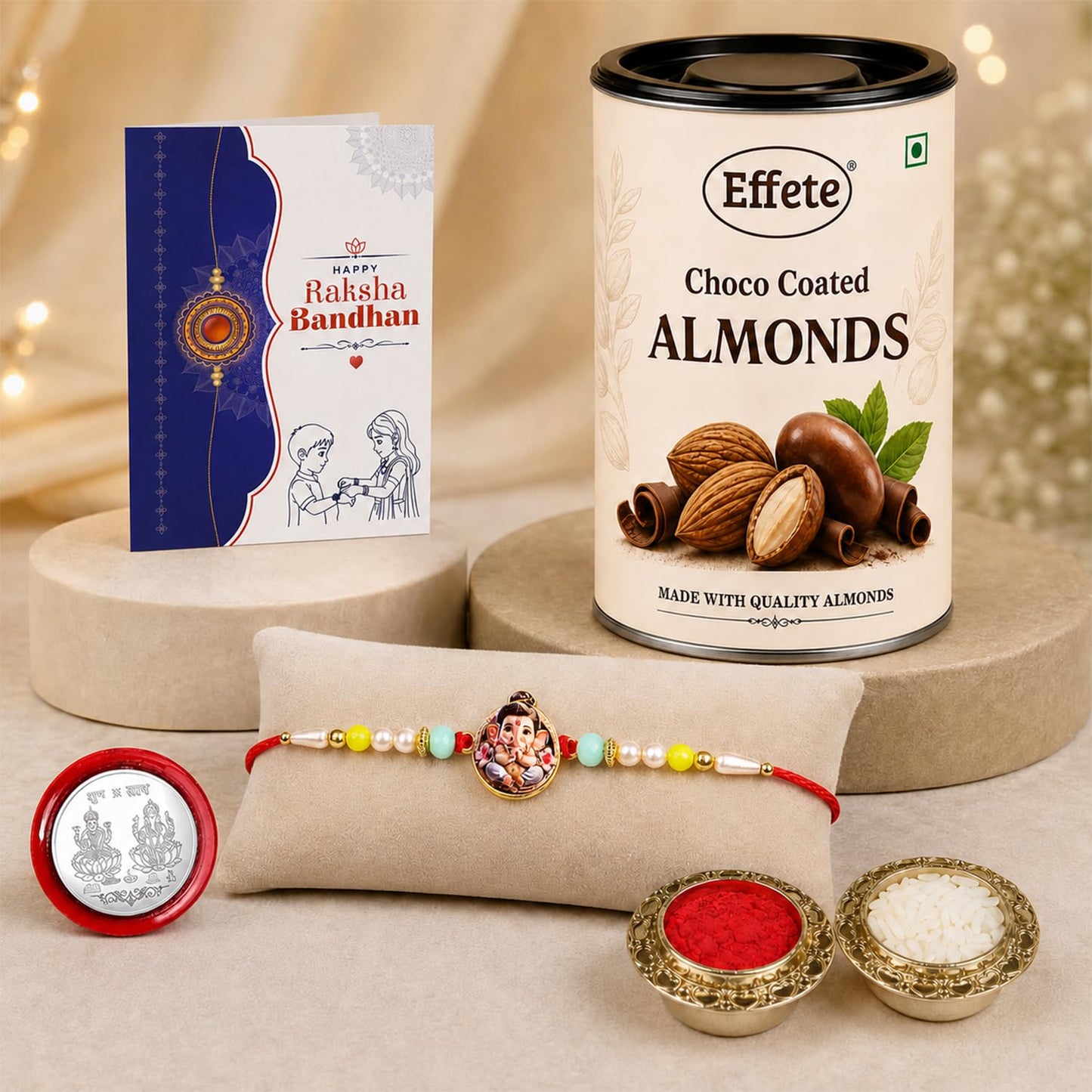 Little Ganesha Rakhi for Brother with Choco Almonds 96gm, Coin & Card, Pack of 5
