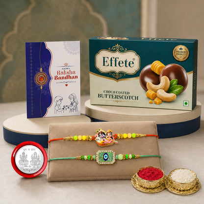 Radhe Krishna Rakhi Combo - Raksha Bandhan Gift with Choco Butterscotch 32gm, Pack of 6
