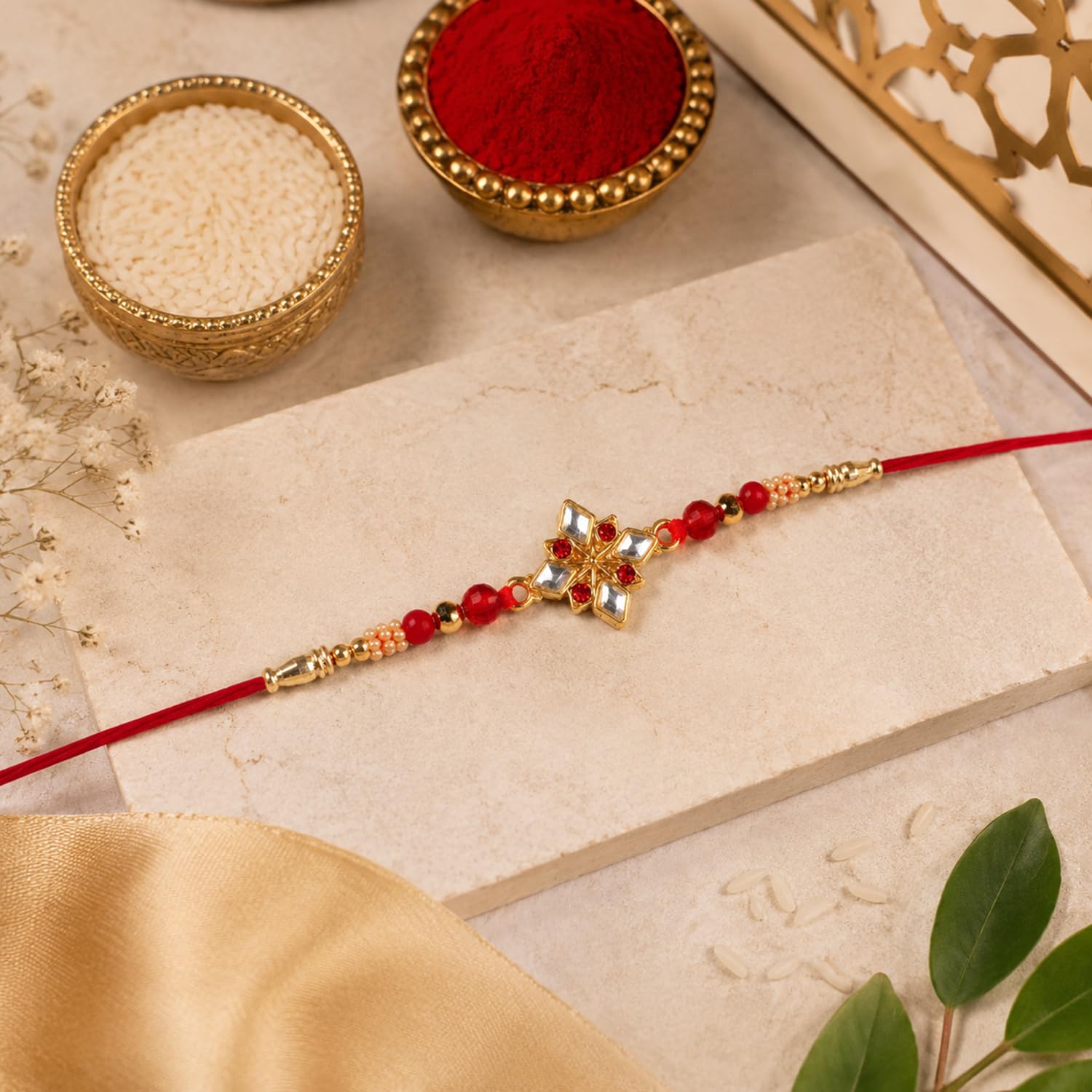 Lion Rakhi for Brother with Leaf Pooja Thali - Raksha Bandhan Gift Set, Pack of 7