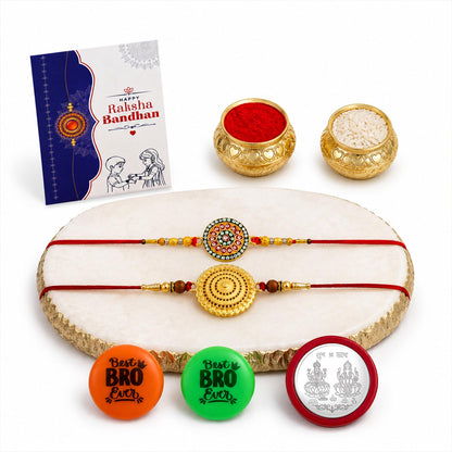 Rakhi Set for Brother (Set of 2) – Stylish Round Design Rakhi Combo with Roli Chawal, Silver Color Coin, Multicolour Magnets & Greeting Card – Traditional Raksha Bandhan Gift Hamper for Bhai