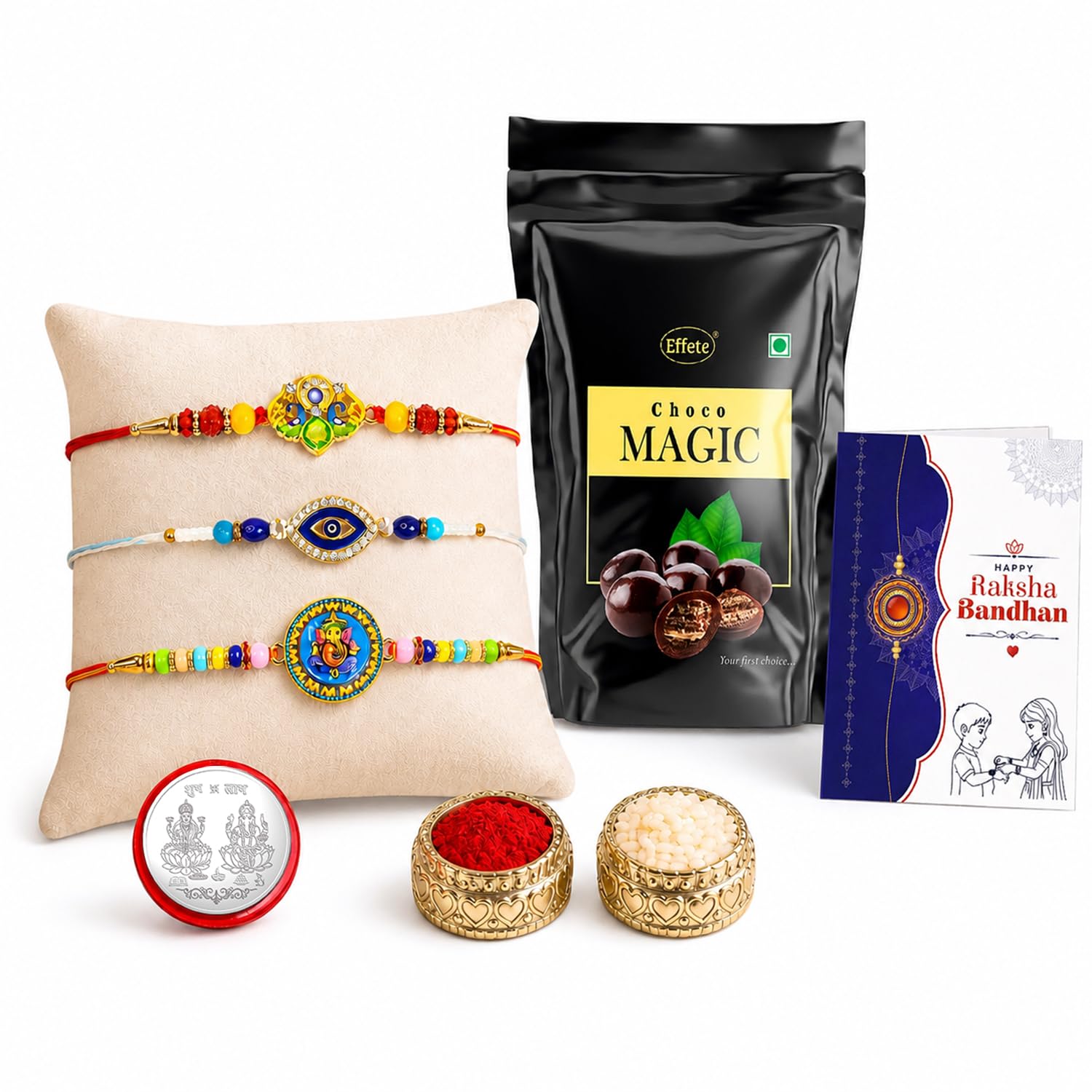 Ganesh Rakhi Combo - Raksha Bandhan Gift with Choco Magic Standy Pouch, Pack of 7