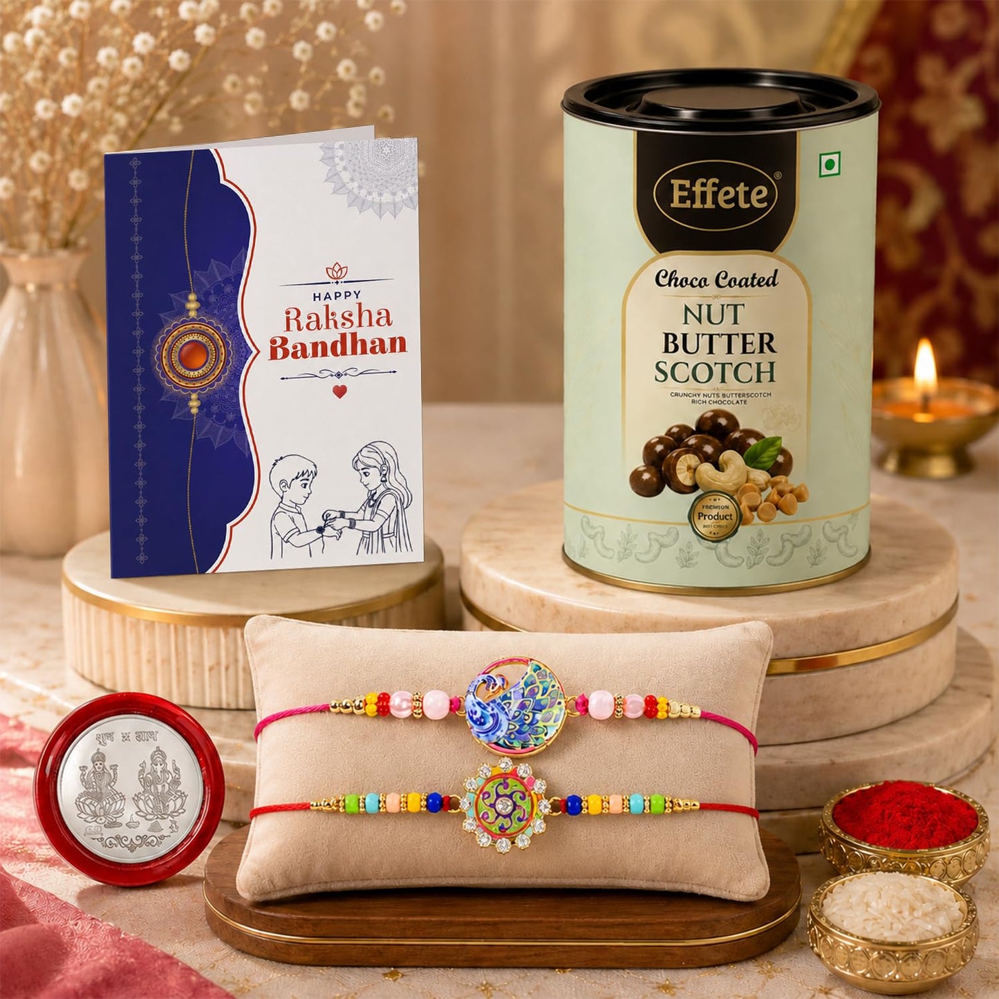 Peacock, Spiral Rakhi Combo - Raksha Bandhan Gift with Choco Butterscotch 96gm, Pack of 6