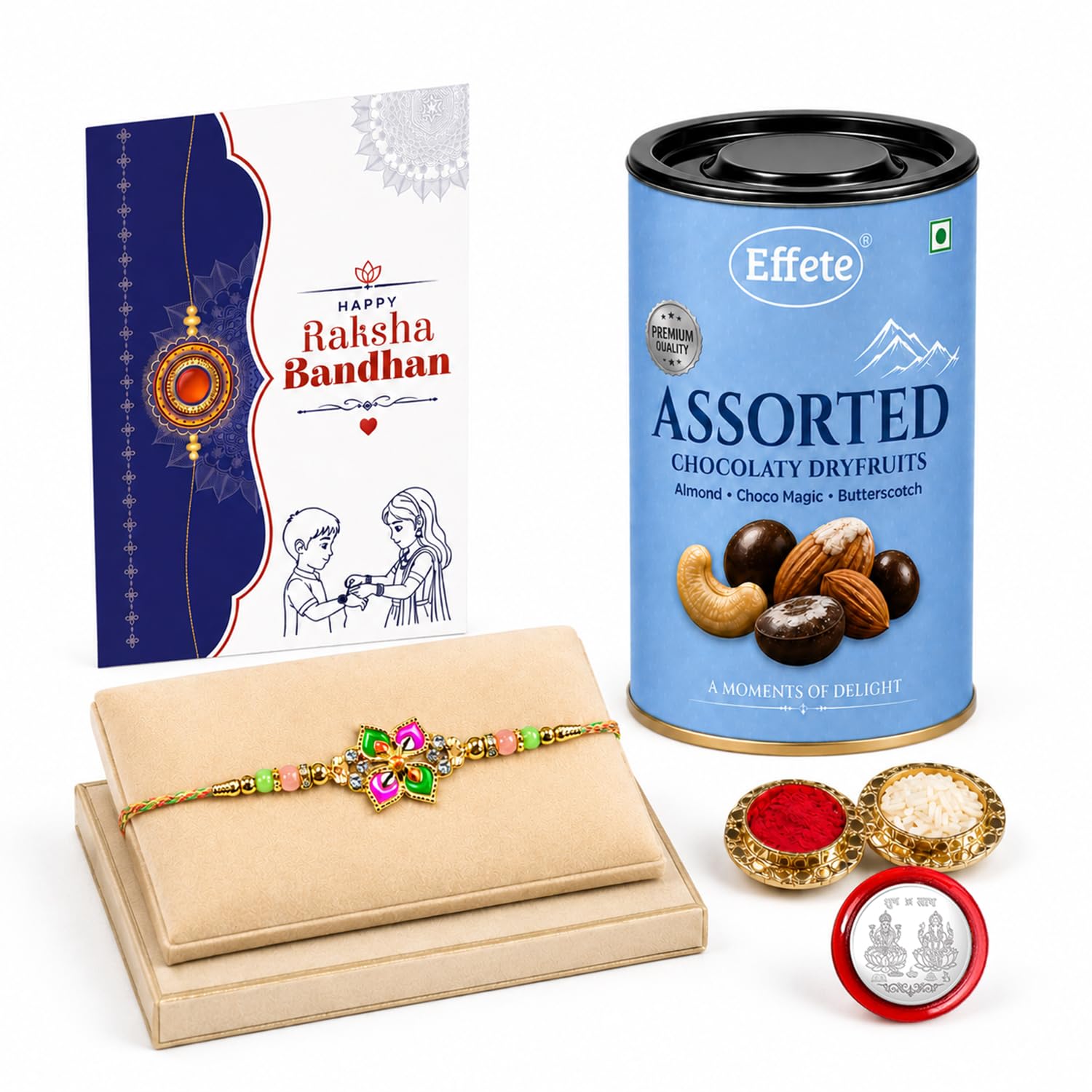 Floral Rakhi for Brother with Choco Dryfruits 96gm, Roli Tikka & Card, Pack of 5