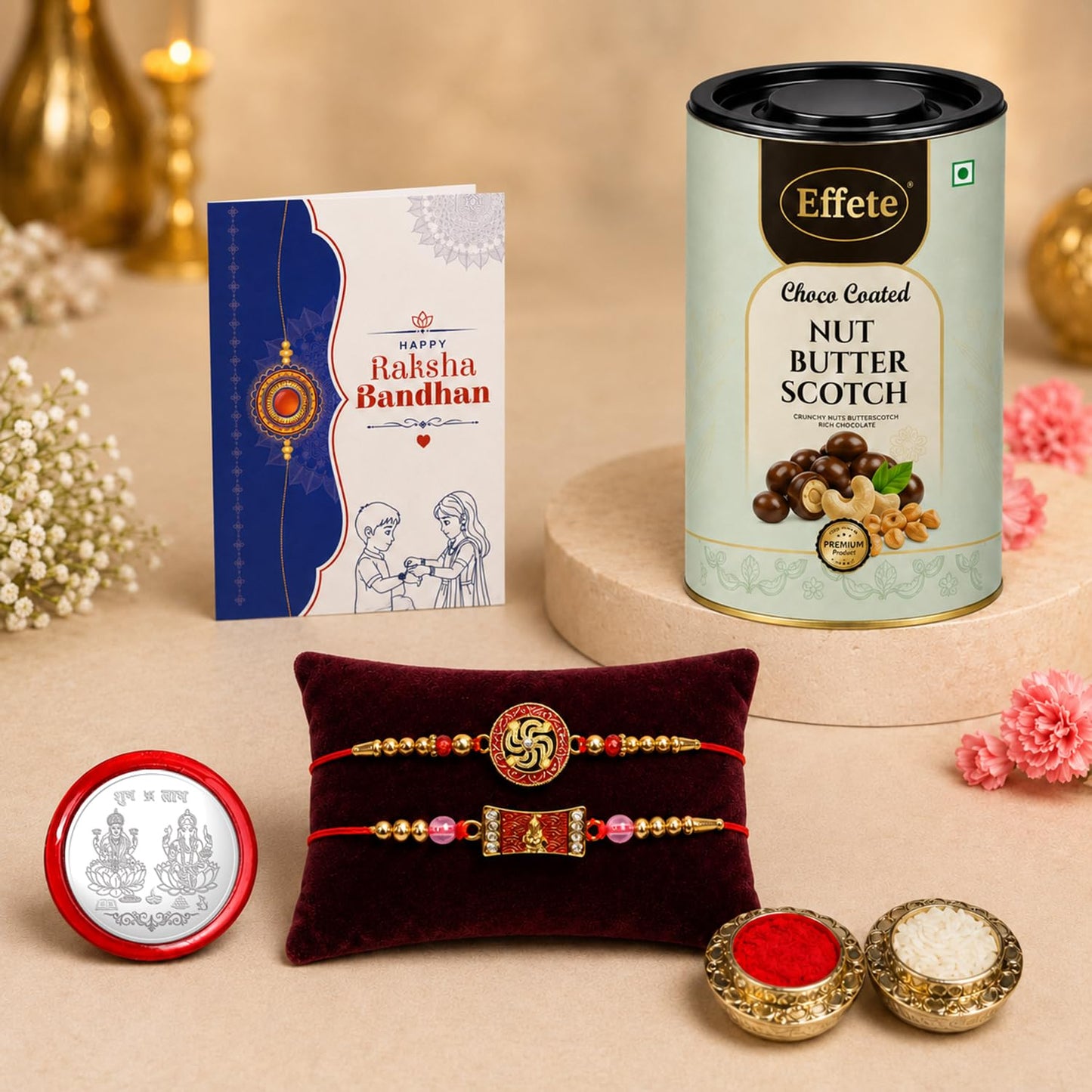 Golden Swastik Rakhi for Brother with Butter Scotch 96gm, Coin & Card, Pack of 6