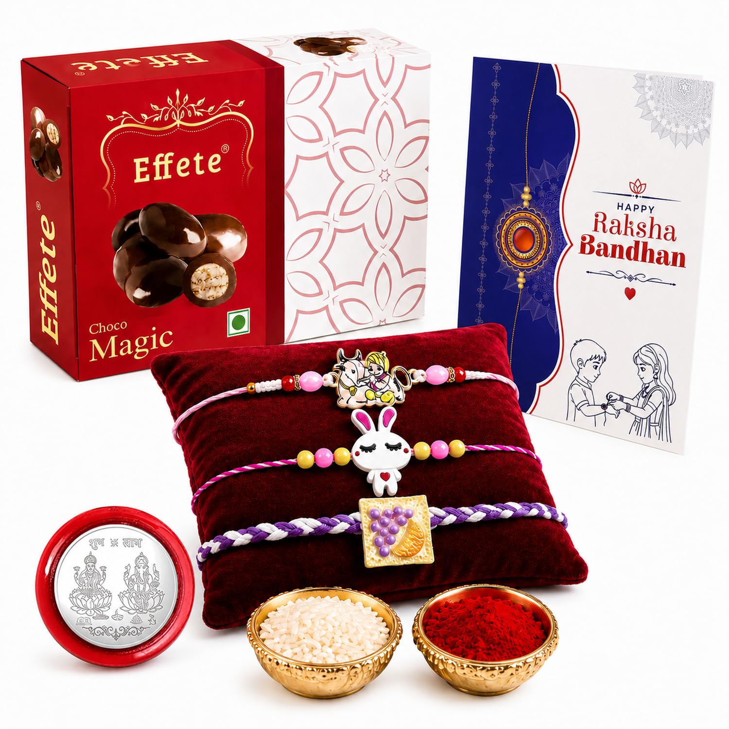Krishna Motif Rakhi for Brother with Chocolate Magic 32gm, Coin & Card, Pack of 7