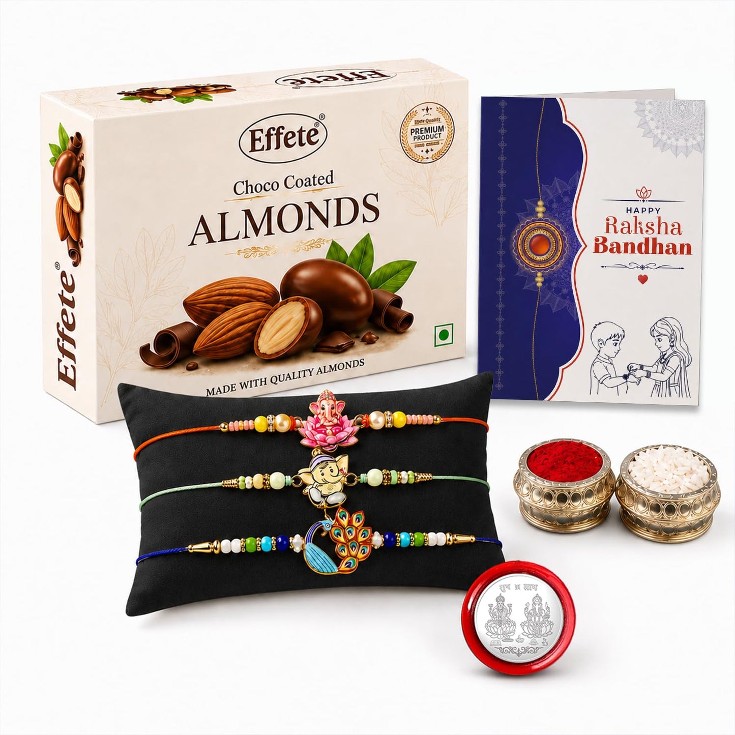 Ganesha, Peacock Rakhi Combo - Raksha Bandhan Gift with Choco Almonds 32gm, Pack of 7