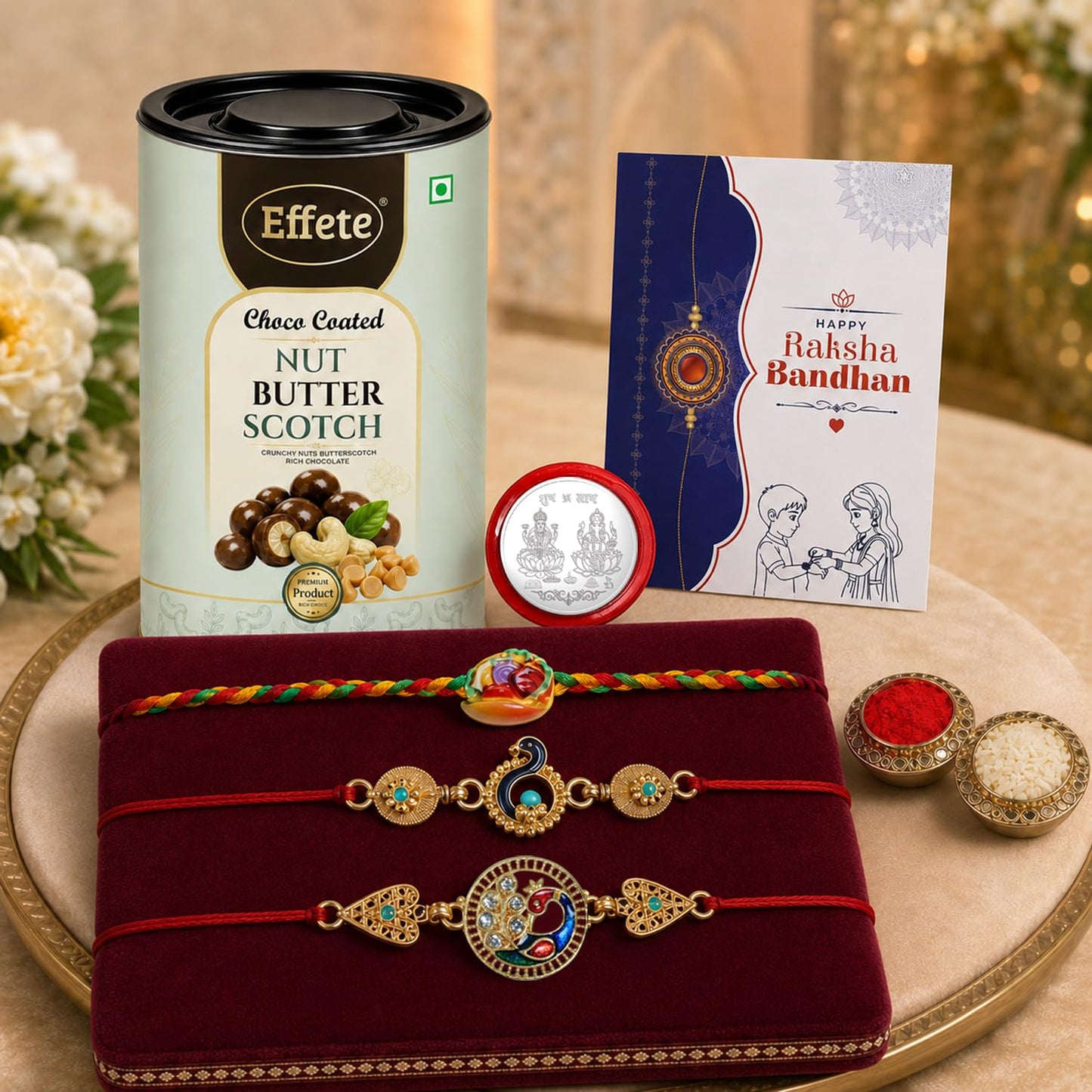 Food Rakhi for Brother with Butter Scotch 96gm, Roli Tikka & Card, Pack of 7