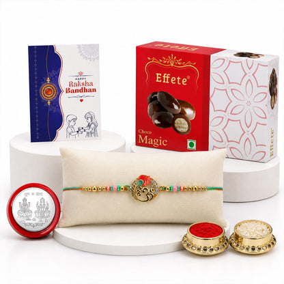 Om Rakhi for Brother with Chocolate Magic 32gm, Roli Chawal & Card, Pack of 5