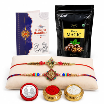 Ganesh, OM Rakhi for Brother with Choco Magic Pouch, Roli Tikka & Card, Pack of 6
