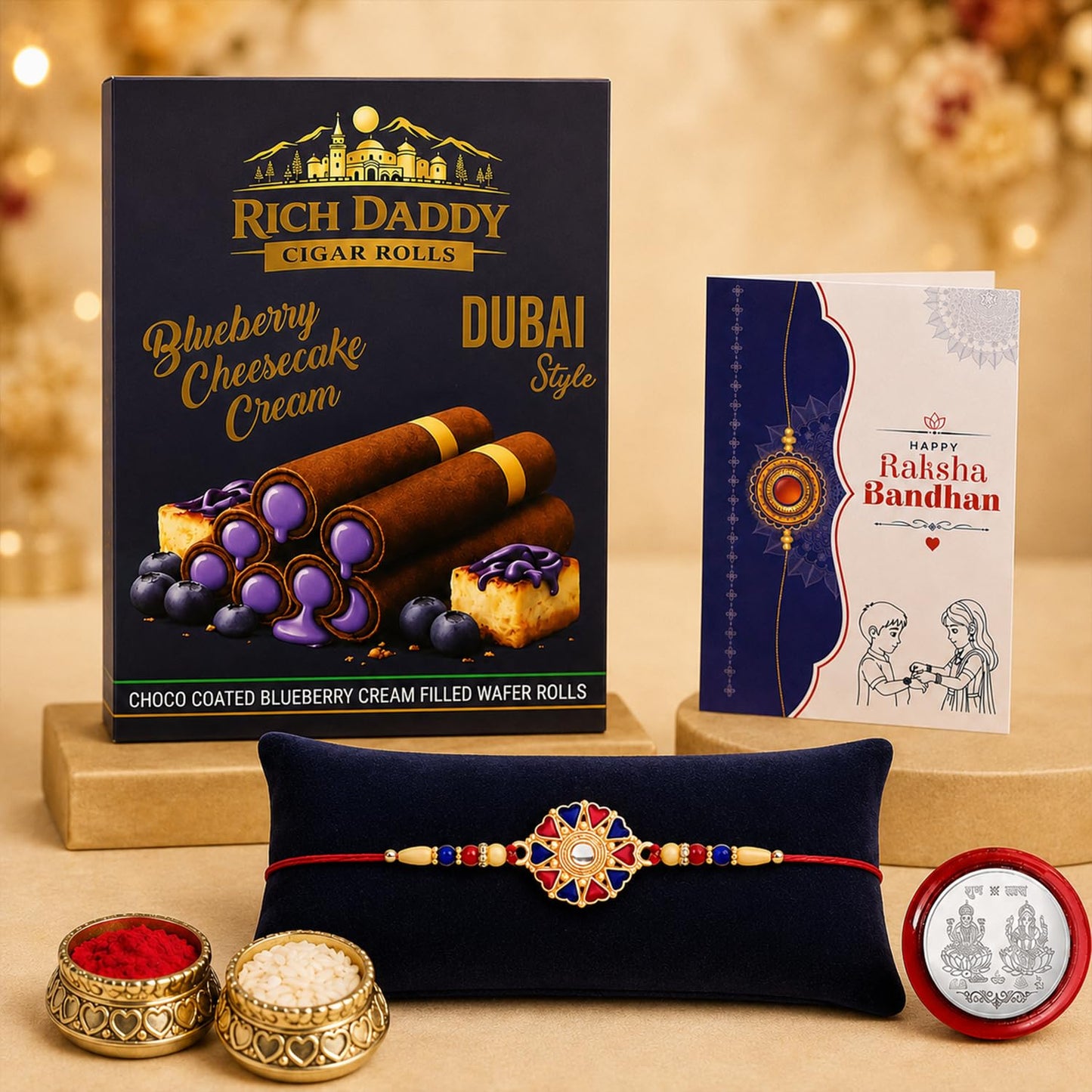 Round Multicolor Rakhi – Blueberry Cream Wafer Roll Gift Combo Gift Set (Pack of 5) For Raksha Bandhan
