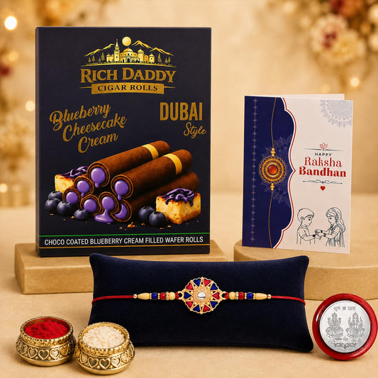 Round Multicolor Rakhi – Blueberry Cream Wafer Roll Gift Combo Gift Set (Pack of 5) For Raksha Bandhan