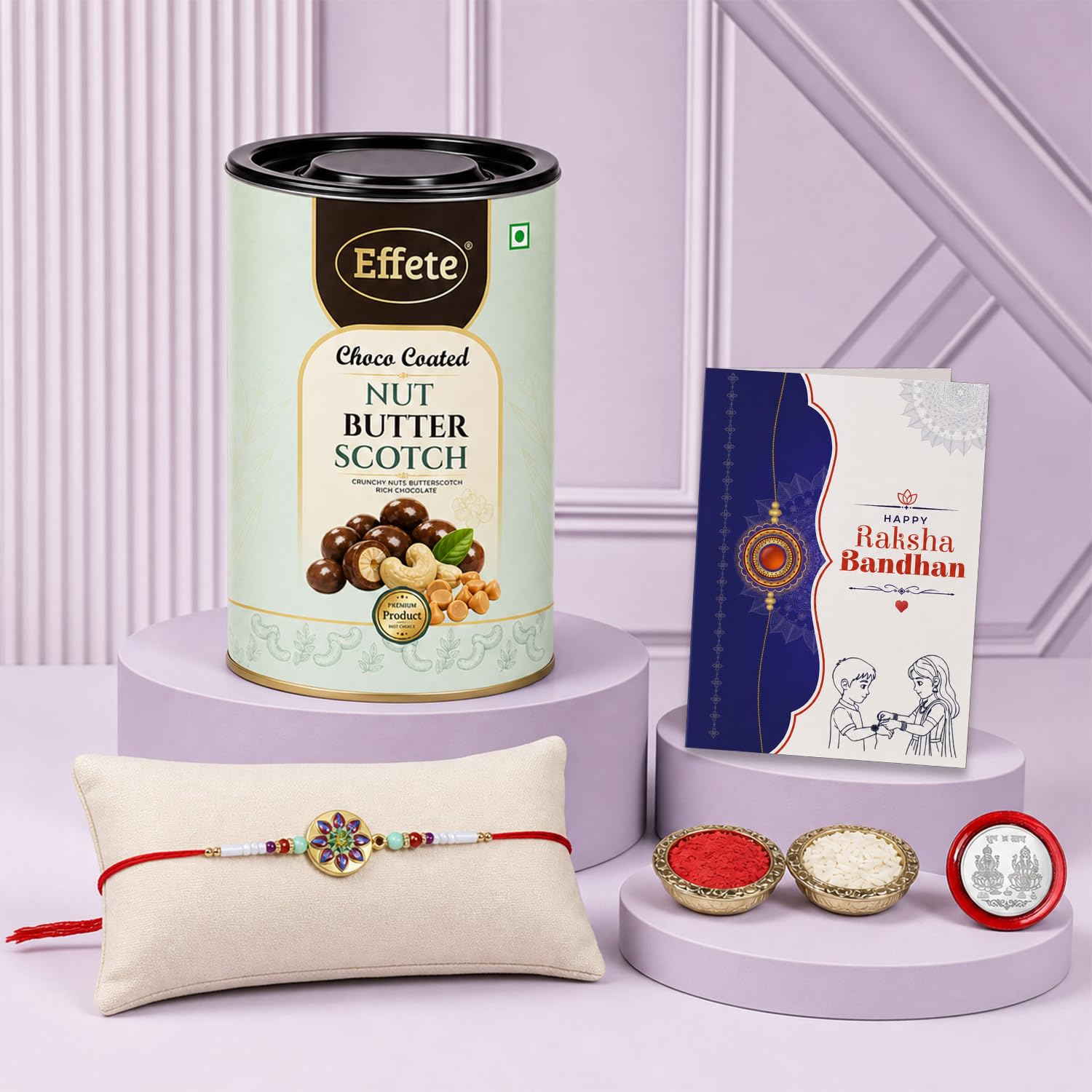 Floral Rakhi for Brother with Butter Scotch 96gm, Roli Tikka & Card, Pack of 5