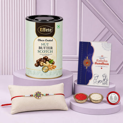 Floral Rakhi for Brother with Butter Scotch 96gm, Roli Tikka & Card, Pack of 5