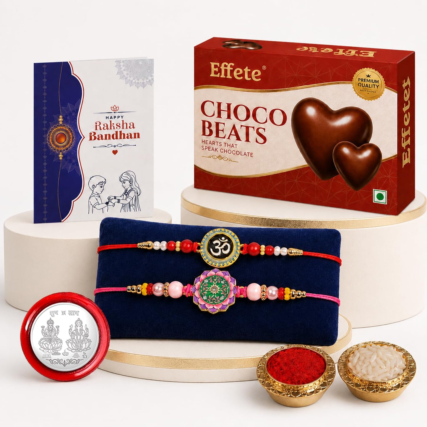Om, Round Floral Lotus Rakhi Combo - Raksha Bandhan Gift with Choco Beats 32gm, Pack of 6