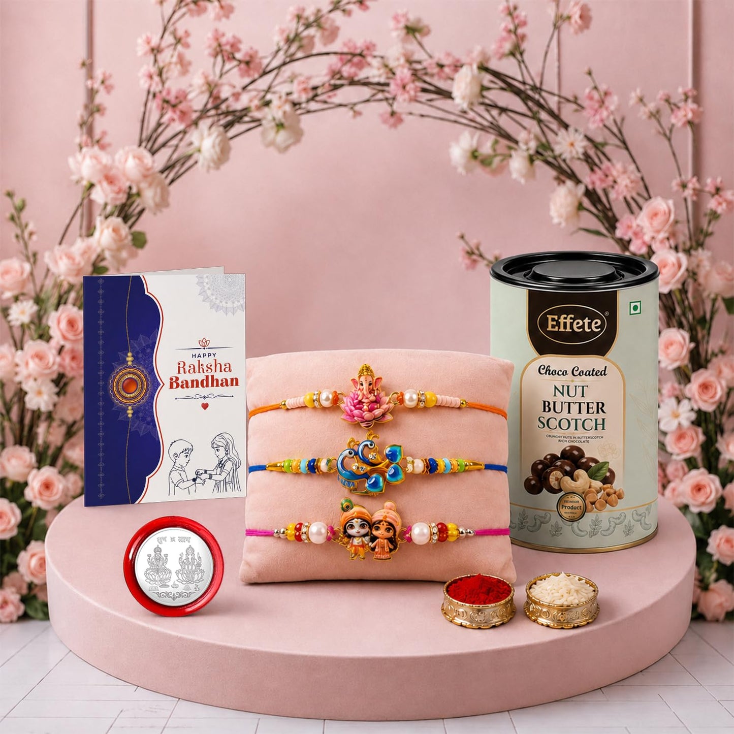 Ganesha, Peacock Rakhi Combo - Raksha Bandhan Gift with Choco Butterscotch 96gm, Pack of 7