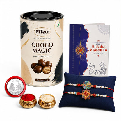 Designer Rakhi for Brother with Choco Magic 96gm, Coin & Card, Pack of 6 | Divine