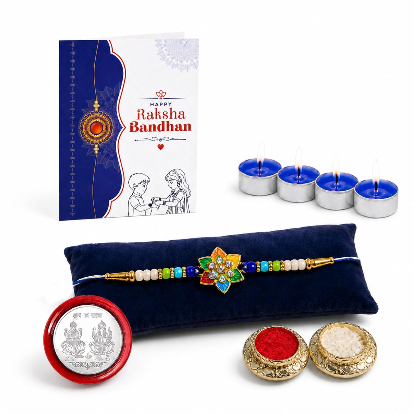 Flower Rakhi for Brother with Candles 4pcs, Roli Tikka & Greeting Card, Pack of 5