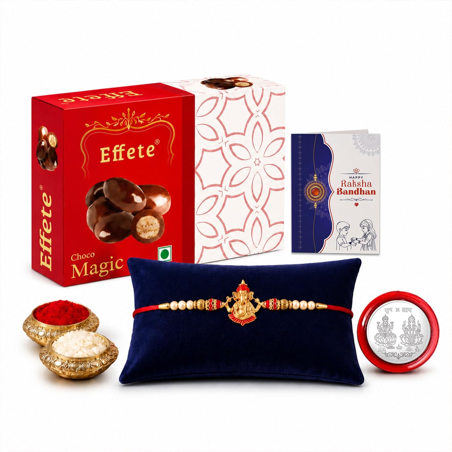 Designer Rakhi for Brother with Choco Magic 32gm, Roli Tikka & Card, Pack of 5