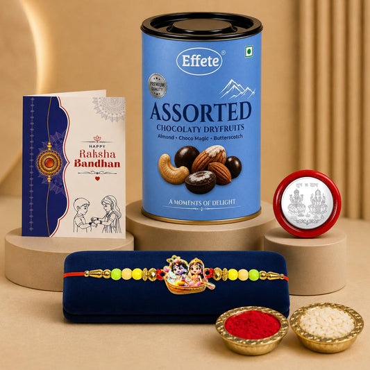 Radhe Krishna Rakhi for Brother with Choco Dryfruits 96gm, Coin & Card, Pack of 5