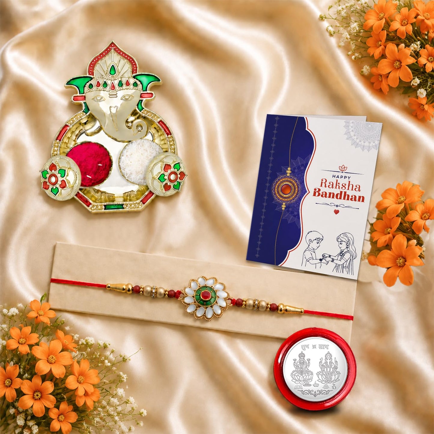 Flower Multicolor Rakhi for Brother & Bhaiya with Shri Ganesh Pooja | Pack of 5