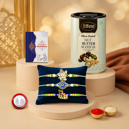 Ganesha Rakhi Combo - Raksha Bandhan Gift with Choco Butterscotch 96gm, Pack of 7