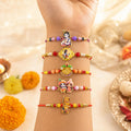 Designer Artistic Rakhi for Brother with Roli Tikka, Pooja Coin & Card, Pack of 8