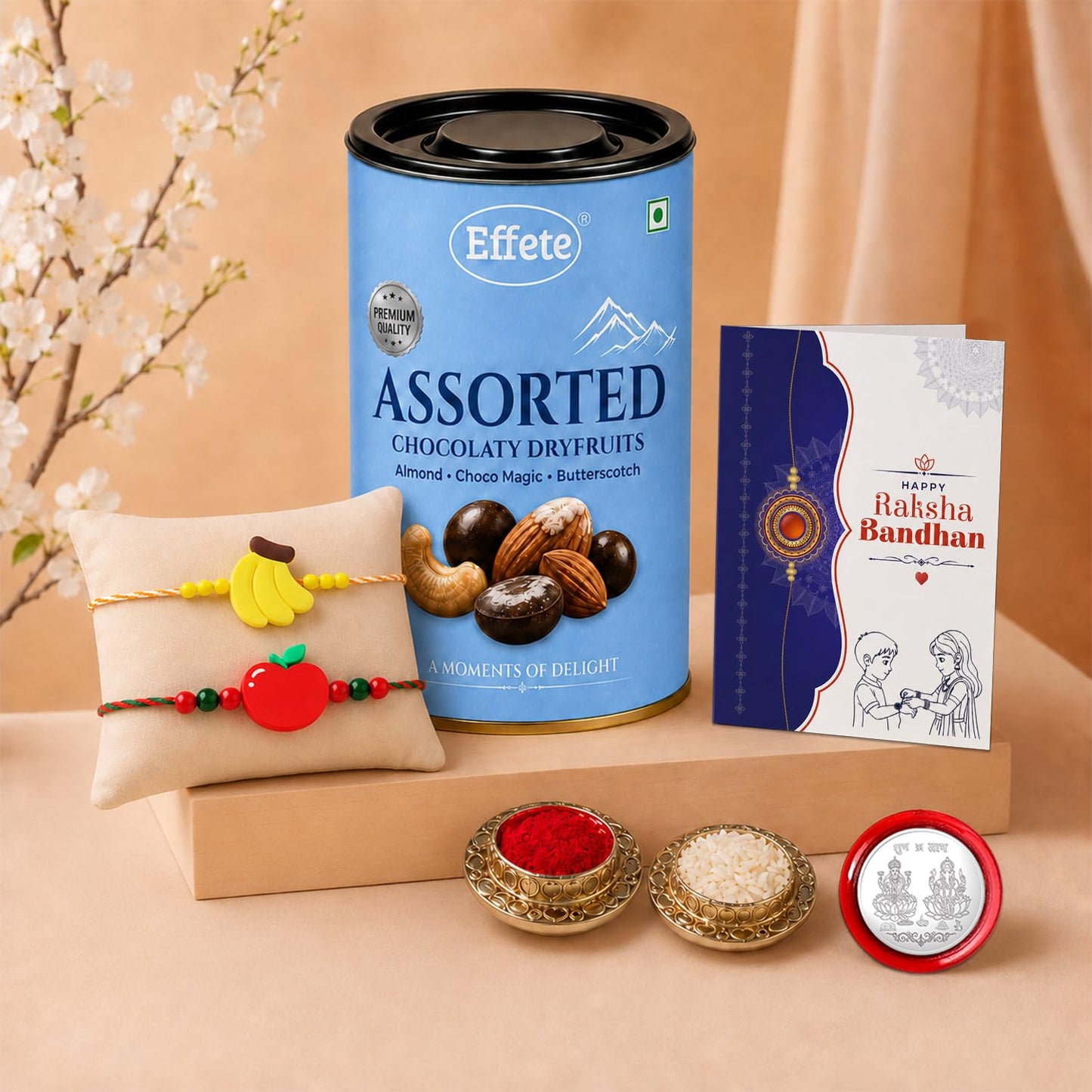 Banana Rakhi for Brother with Choco Dryfruits 96gm, Roli Tikka & Card, Pack of 6