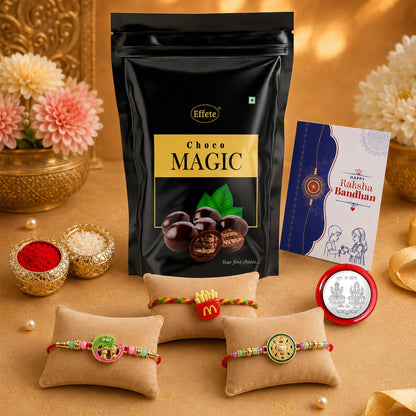 Rakhi with Chocolate for Brother (Set of 7) – Raksha Bandhan Festival Celebration Combo with Bansuri, Food & Round Shape Rakhi, Chocolate, Roli Chawal, Silver Color Pooja Coin & Greeting Card