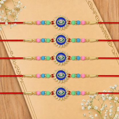 Designer Elegant Rakhi for Brother with Roli Tikka & Card, Pack of 5 | Premium