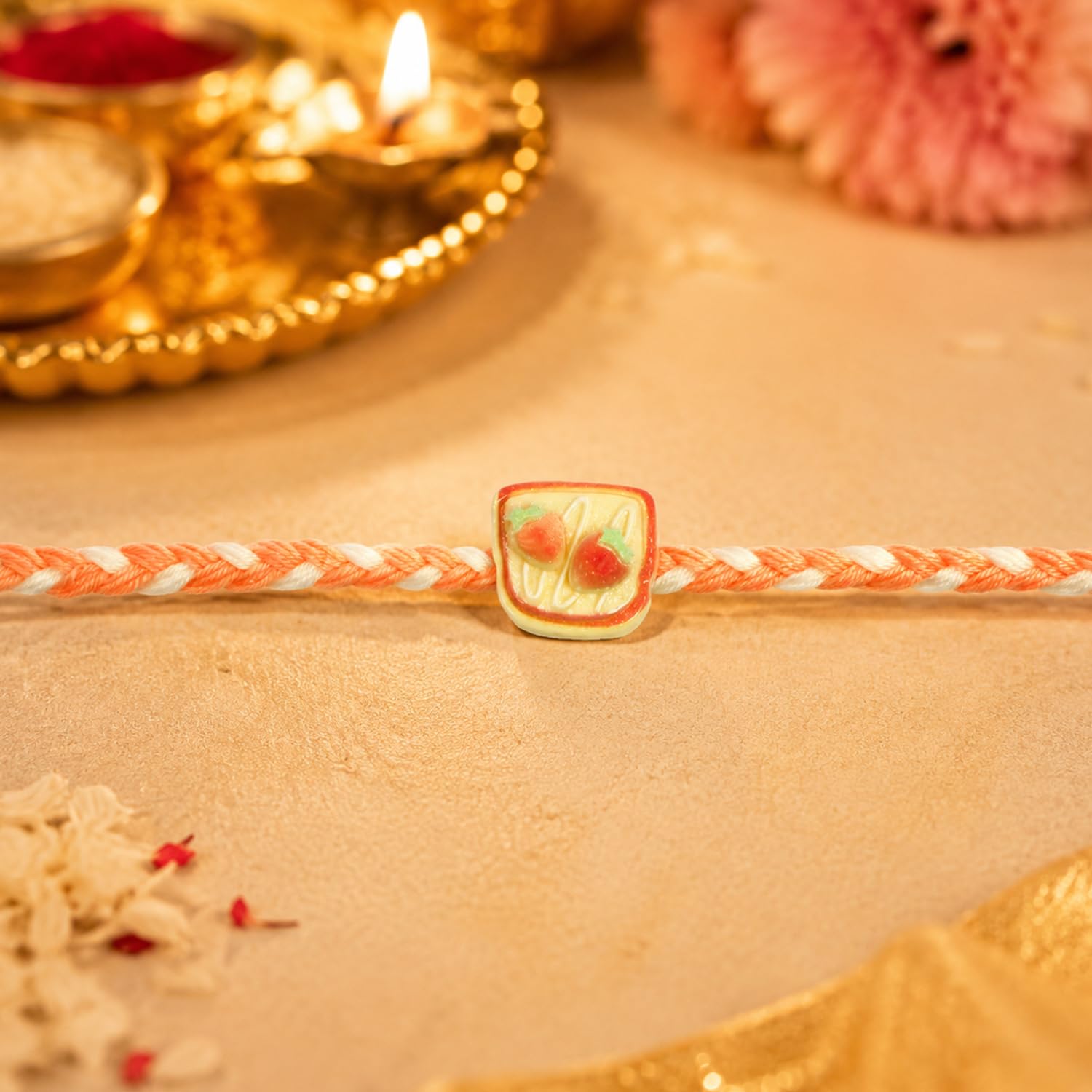 Clay Rakhi for Brother with Butter Scotch 32gm, Roli Tikka & Card, Pack of 7