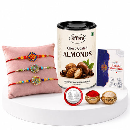 Om, Round Shape Rakhi Combo - Raksha Bandhan Gift with Choco Almonds 96gm, Pack of 7