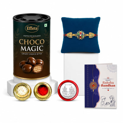Rakhi with Chocolate for Brother – Raksha Bandhan Combo with Elegant Colorful Design Rakhi, Chocolate, Roli Chawal, Silver Color Pooja Coin & Greeting Card – Festival Celebration (Set of 5)