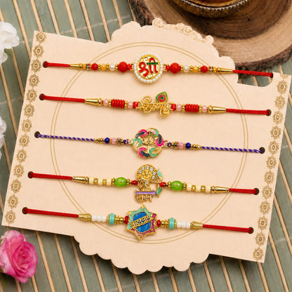 Designer Sacred Rakhi for Brother with Roli Tikka, Pooja Coin & Card, Pack of 8