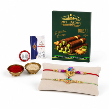 Peacock Rakhi for Brother with Pistachio Wafer Rolls, Coin & Card, Pack of 6