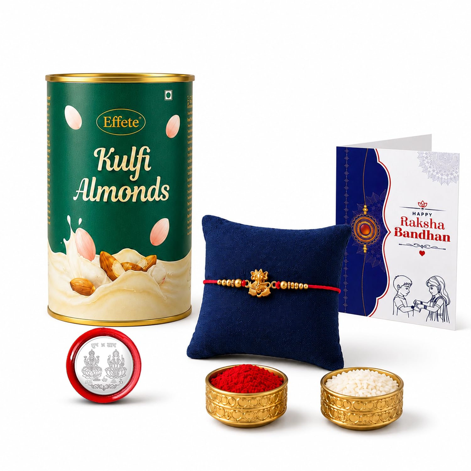 OM Ganesha Rakhi for Brother with Kulfi Almonds 96gm, Coin & Card, Pack of 6