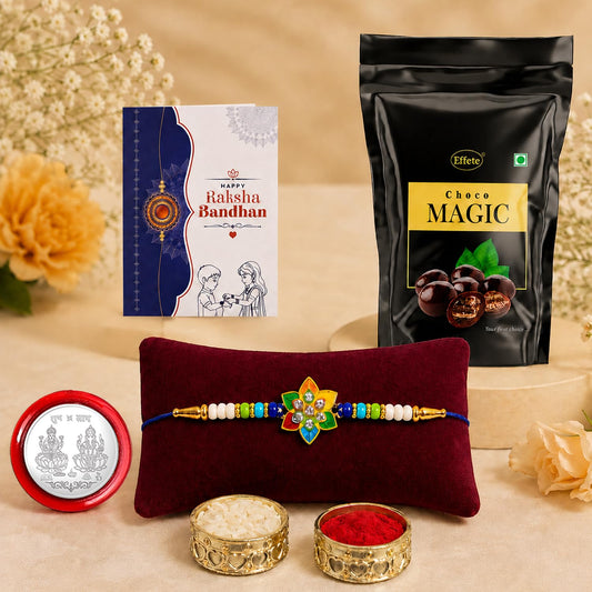 Flower Rakhi for Brother with Choco Magic Pouch, Roli Tikka & Card, Pack of 5