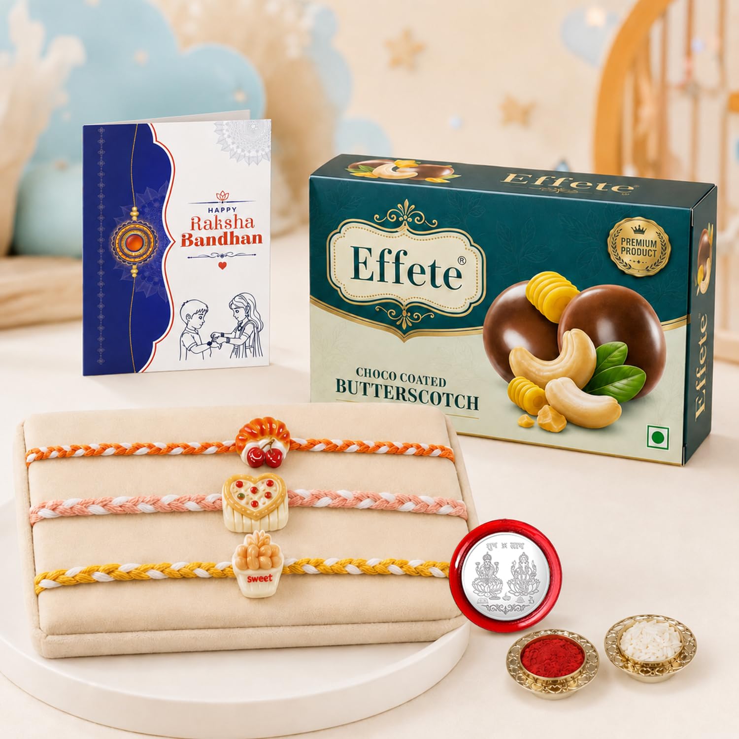 Food Rakhi for Brother with Butter Scotch 32gm, Roli Tikka & Card, Pack of 7