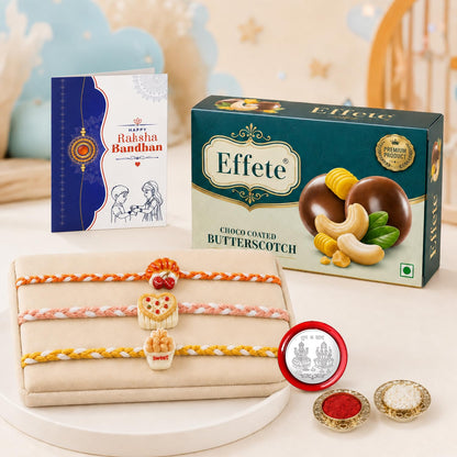 Food Rakhi for Brother with Butter Scotch 32gm, Roli Tikka & Card, Pack of 7