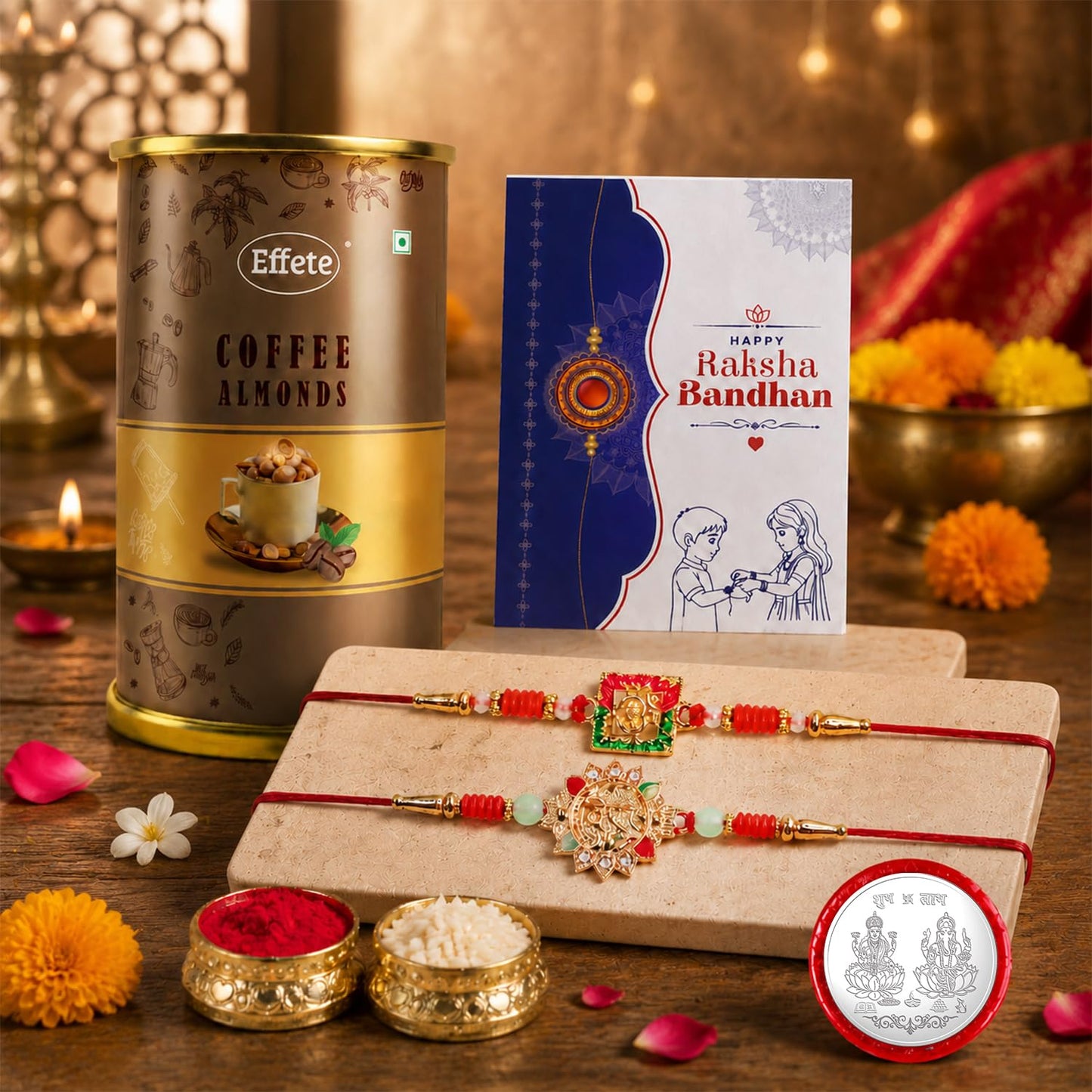 Deity, Om Rakhi for Brother with Coffee Almond 96gm, Roli Tikka & Card, Pack of 6