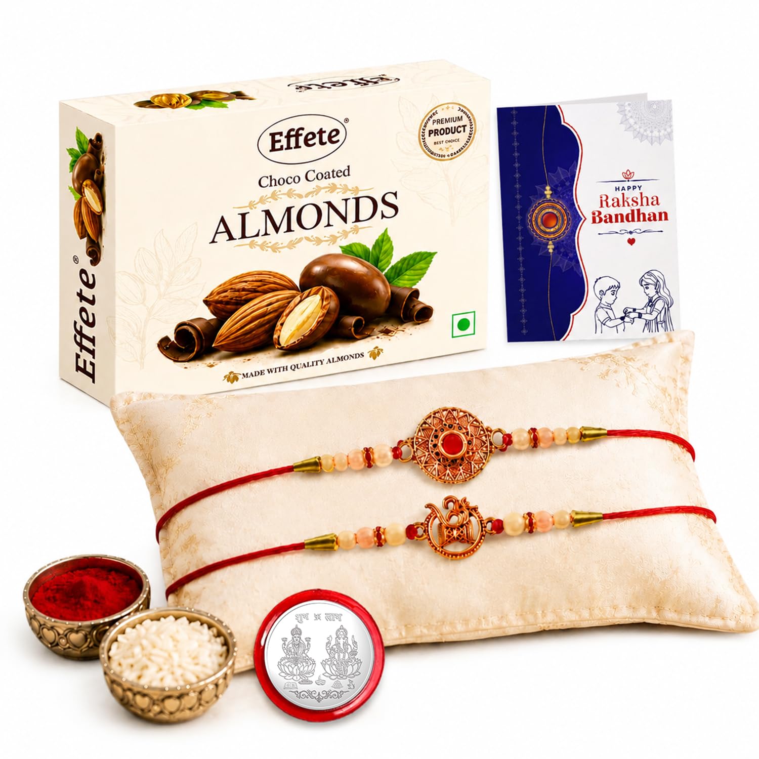 Round Rakhi for Brother with Chocolate Almonds 32gm, Roli Tikka & Card, Pack of 6