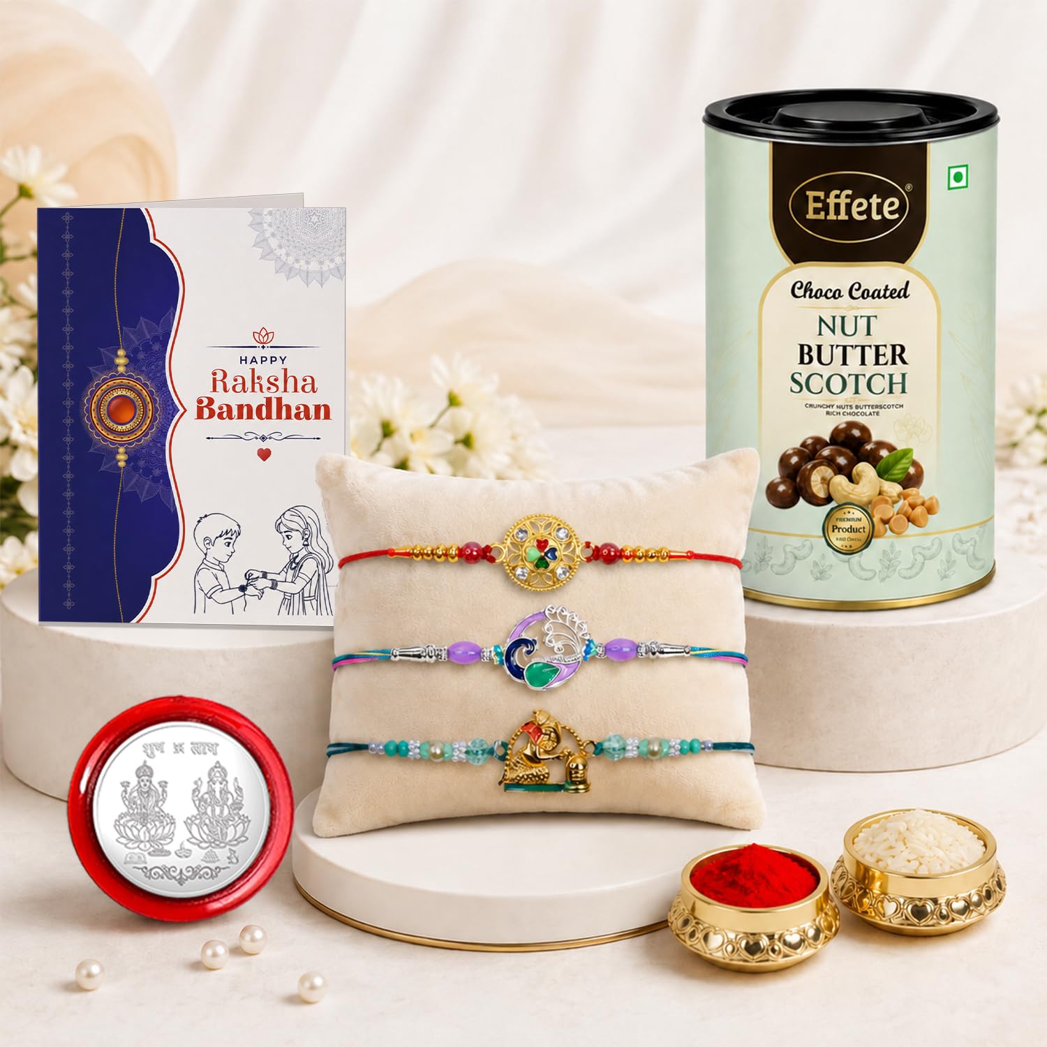 Rakhi with Chocolate for Brother (Set of 7) – Raksha Bandhan Festival Celebration Combo with Peacock, Ganu Ji & Round Shape Rakhi, Chocolate, Roli Chawal, Silver Color Coin & Greeting Card